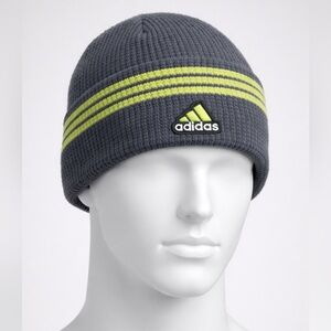 EUC Adidas ClimaWarm Beanie Knit Hat Gray Neon Yellow Stripe Winter One Size